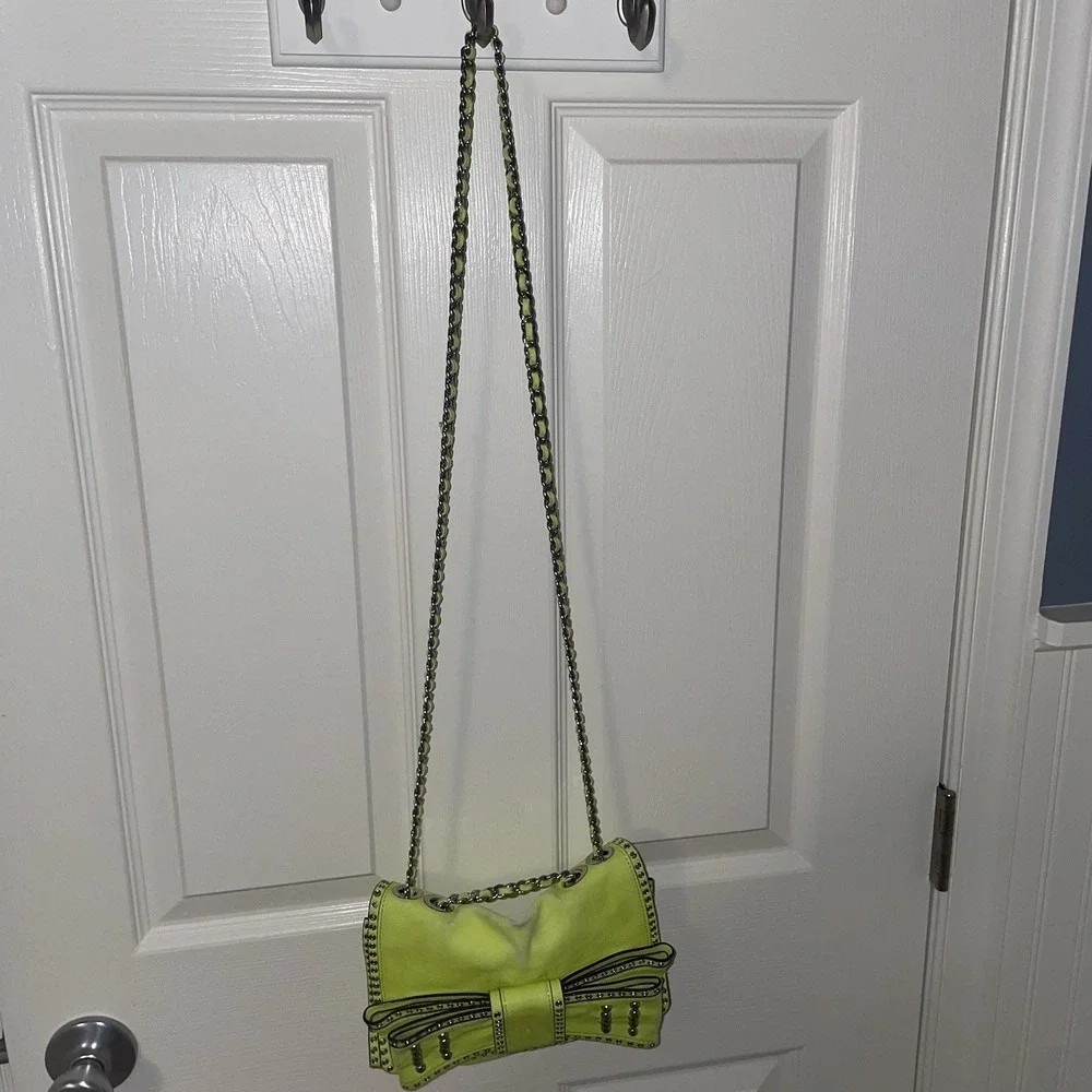 Rebecca Minkoff Bow Studded Shoulder Crossbody Bag Purse Neon Yellow Chain Strap